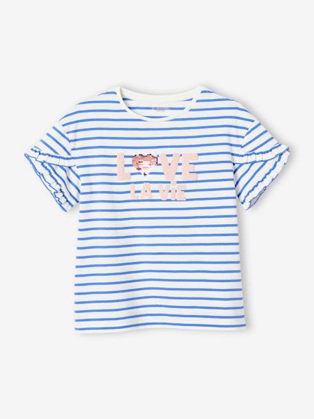 Striped T-Shirt, Sequinned Heart, for Girls navy blue+striped blue+WHITE MEDIUM STRIPED 
