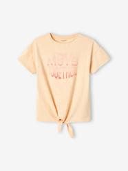 Girls-Tops-Sports T-Shirt with Glittery Motif & Knotted Hem for Girls