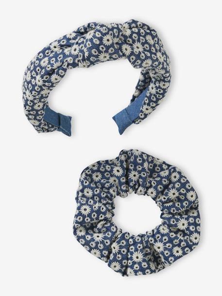 Set of Broderie Anglaise Alice Band + Scrunchie for Girls denim blue 