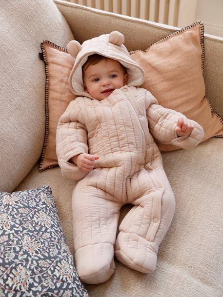 Pramsuit in Cotton Gauze, with Offset Opening, for Babies beige 