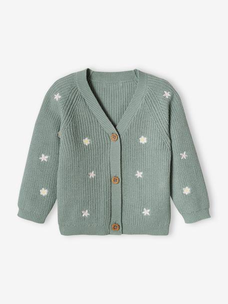 V-Neck, Brioche Stitch Cardigan with Embroidery, for Babies aqua green+ecru 