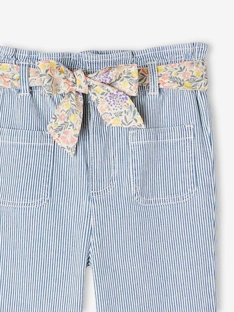 Striped Paperbag Trousers & Floral Printed Belt for Girls striped blue 