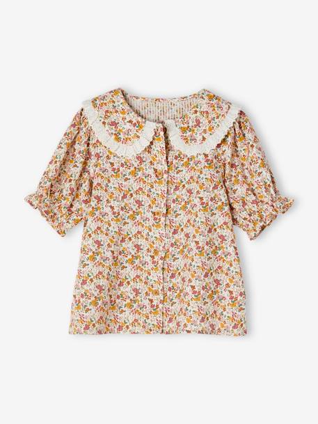Floral, Short Sleeve Blouse with Peter Pan Collar, for Girls ecru 