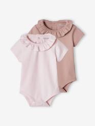 Baby-T-shirts & Roll Neck T-Shirts-Pack of 2 Short-Sleeved Bodysuits with Fancy Collar, for Babies
