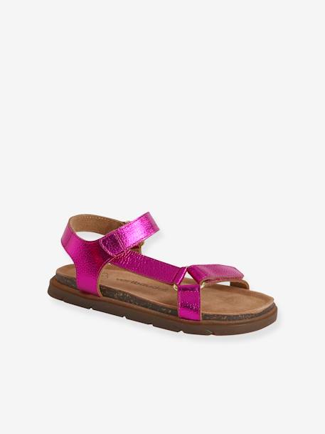 Hook-and-Loop Leather Sandals for Girls fuchsia+lilac 