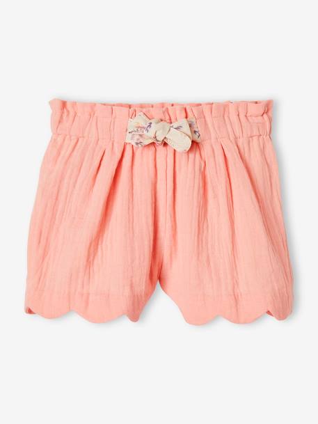 Shorts in Cotton Gauze with Scalloped Trim for Girls coral+nude pink+printed blue 