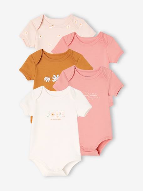 Pack of 5 Short Sleeve Bodysuits, Daisies, for Babies pale pink 