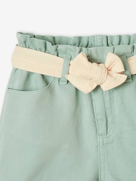 Paperbag Shorts in Cotton Gauze, with Belt, for Girls aqua green+rosy+sandy beige 