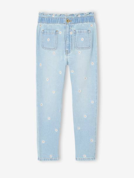 Paperbag Jeans, Embroidered Flowers, for Girls denim blue+double stone 