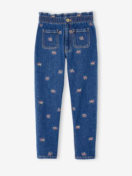 Paperbag Jeans, Embroidered Flowers, for Girls denim blue+double stone 