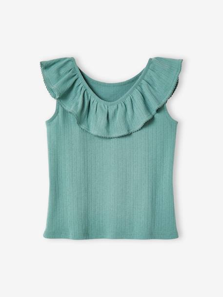 Top with Ruffle, in Pointelle Knit, for Girls ecru+emerald green+navy blue+sweet pink 