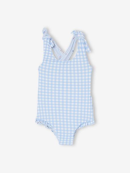 Reversible Swimsuit in Gingham/Stripes & Flowers for Baby Girls sky blue 