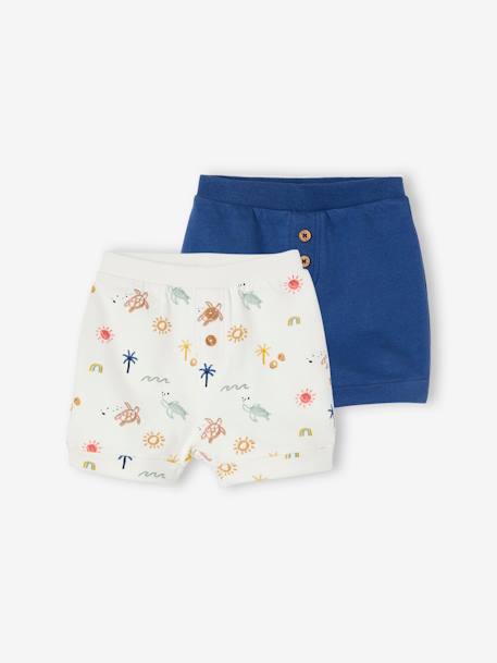 Pack of 2 Fleece Shorts, for Babies aqua green+royal blue 