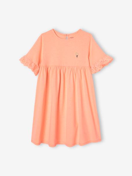 Short Sleeve Dress in Broderie Anglaise, for Girls grey blue+peach 