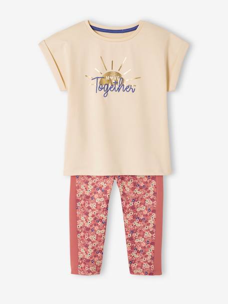 Sports Combo: T-Shirt & Cropped Trousers with Iridescent 'sunrise' Motif, for Girls ecru 