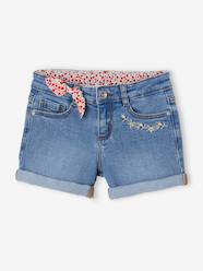 Denim Shorts with Floral Print & Embroidered Bow, for Girls