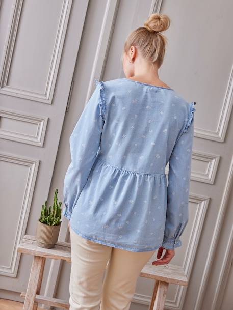 Denim-Effect Blouse with Floral Print, Maternity & Nursing Special double stone 