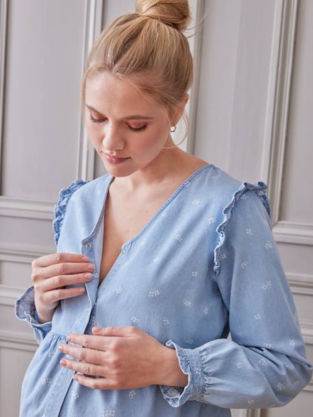 Denim-Effect Blouse with Floral Print, Maternity & Nursing Special double stone 