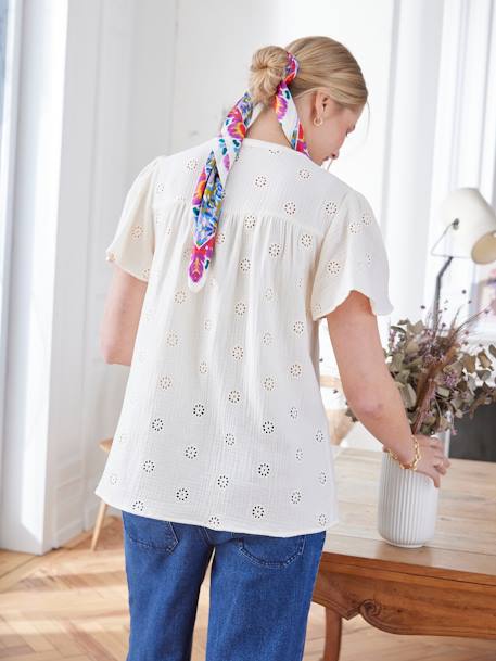 Embroidered Cotton Gauze Blouse, Maternity & Nursing Special ecru+terracotta 