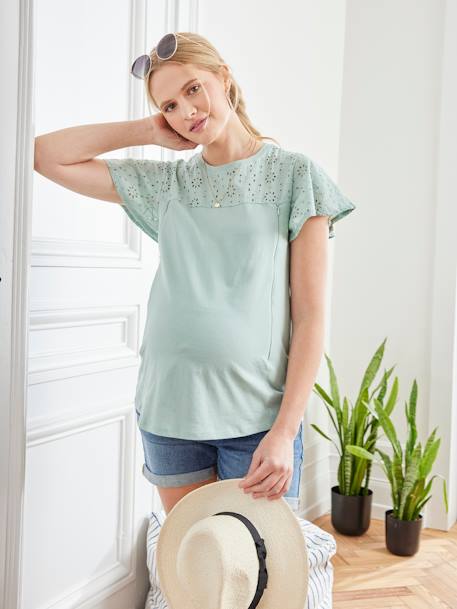 Dual Fabric Top, Maternity & Nursing Special mint green+pearly grey 