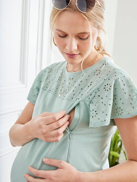 Dual Fabric Top, Maternity & Nursing Special mint green+pearly grey 