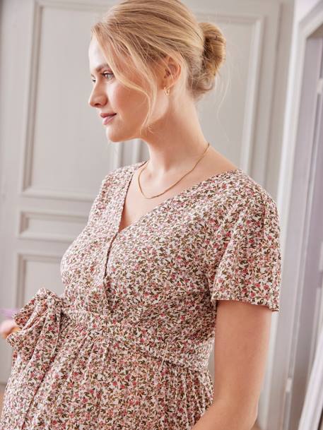 Floral Print Dress with Tie Belt for Maternity & Nursing ecru+terracotta 