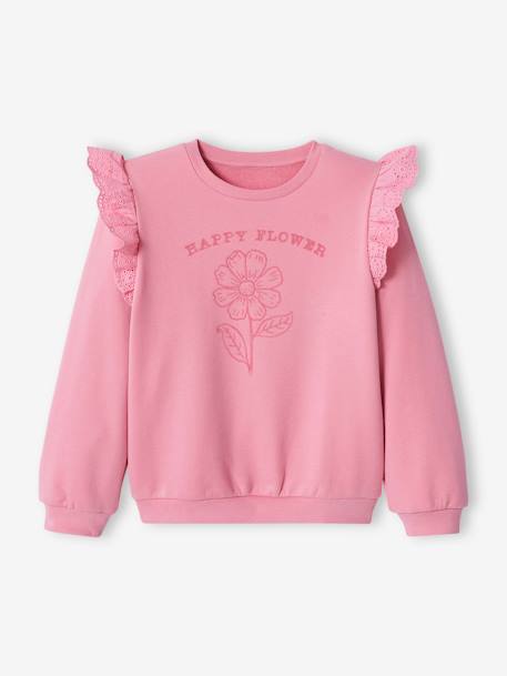 Sweatshirt with Flocked Flower Motif & Broderie Anglaise Ruffles, for Girls sweet pink 
