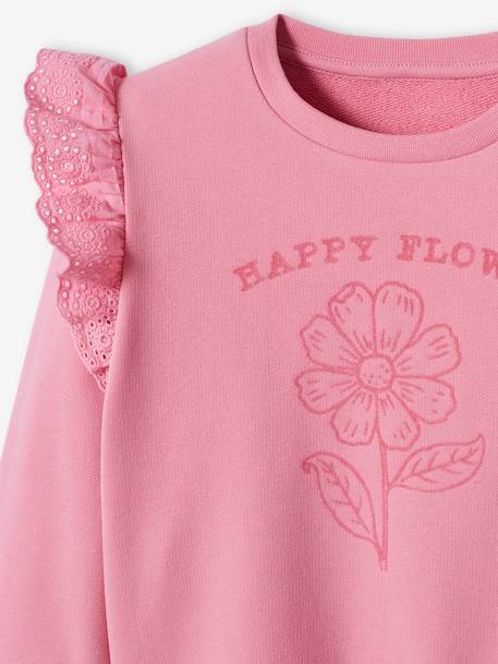 Sweatshirt with Flocked Flower Motif & Broderie Anglaise Ruffles, for Girls sweet pink 