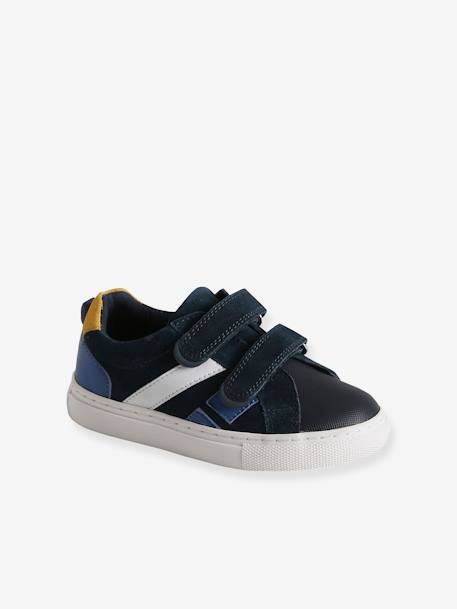 Leather Trainers with Hook-and-Loop Fasteners for Boys, Designed for Autonomy beige+navy blue+set blue 