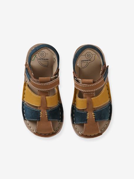 Hook-and-Loop Leather Sandals for Children, Designed for Autonomy beige+navy blue+set blue 