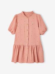 Girls-Cotton Gauze Dress with Buttons, 3/4 Sleeves, for Girls