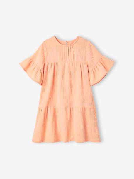Cotton Gauze Dress for Girls rosy apricot+sky blue 