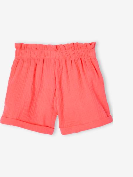 Paperbag Shorts in Cotton Gauze for Girls almond green+coral+pale blue+vanilla 