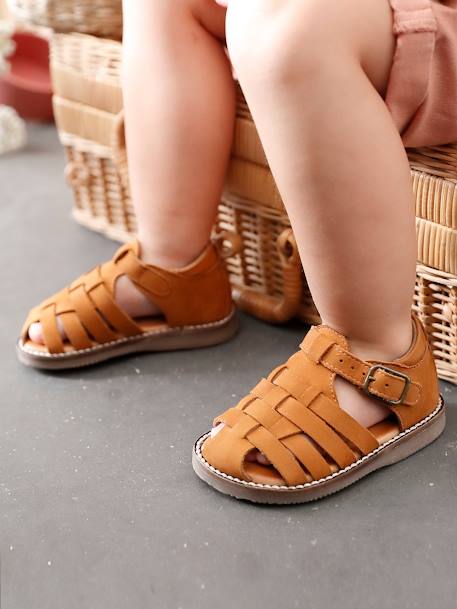 Closed-Toe Leather Sandals for Babies BEIGE DARK SOLID+BLUE DARK SOLID 