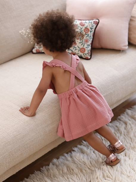 Dungaree Dress in Cotton Gauze, for Babies Pink 