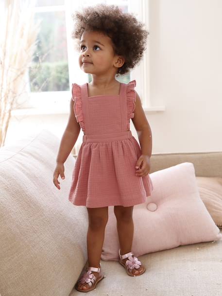 Dungaree Dress in Cotton Gauze, for Babies Pink 