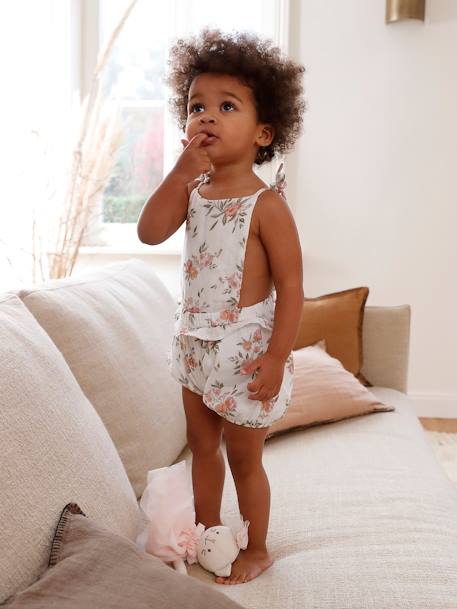 Floral Jumpsuit with Straps, for babies white 