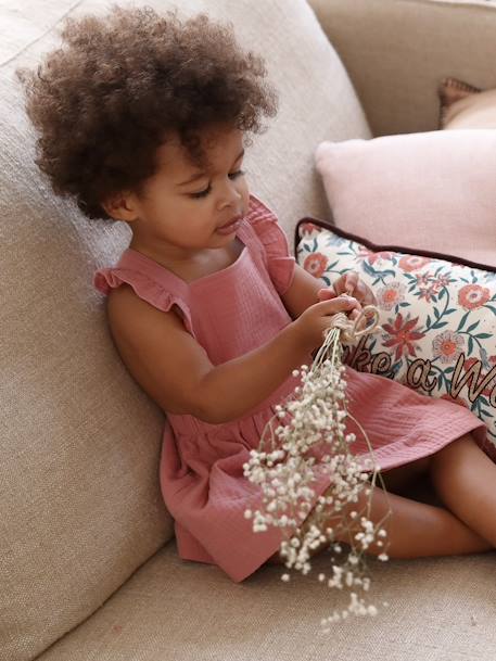 Dungaree Dress in Cotton Gauze, for Babies Pink 