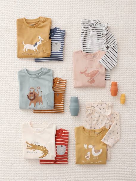 Pack of 2 Basic Tops With Animal Motif & Stripes for Babies bronze+ecru 