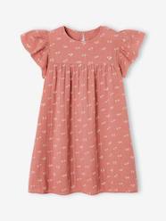 Girls-Printed Dress with Butterfly Sleeves, in Cotton Gauze, for Girls