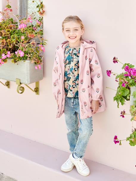 Floral Raincoat with Hood, for Girls 6476+6646+ecru+PURPLE LIGHT SOLID WITH DESIGN+sage green+striped navy blue 