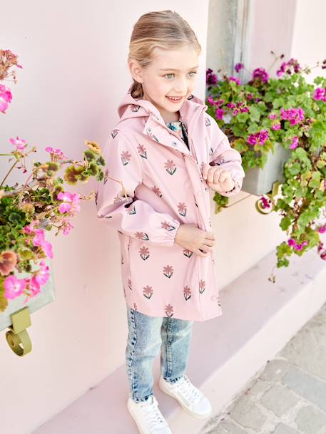 Floral Raincoat with Hood, for Girls 6476+6646+ecru+PURPLE LIGHT SOLID WITH DESIGN+sage green+striped navy blue 