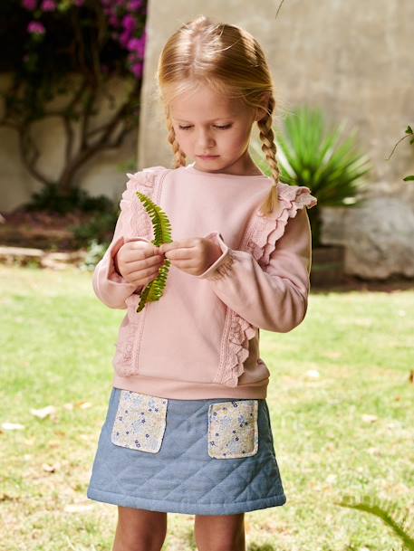 Quilted Denim Skirt, Floral Print Pockets, for Girls double stone 
