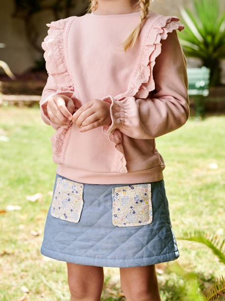 Quilted Denim Skirt, Floral Print Pockets, for Girls double stone 