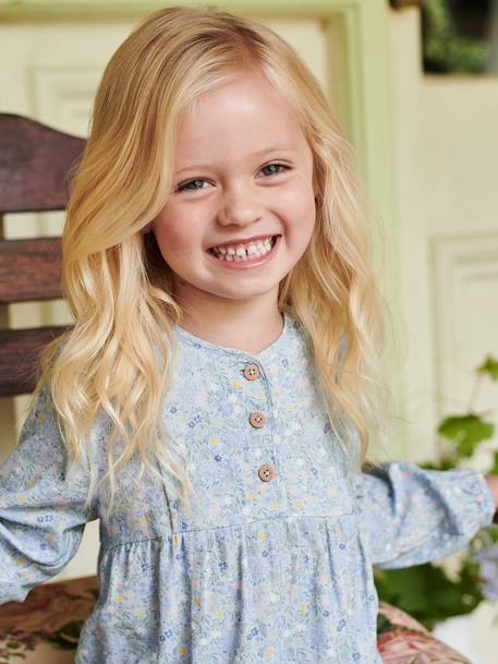 Floral, Ruffled Dress, Quilted Fancy Detail, for Girls sky blue 