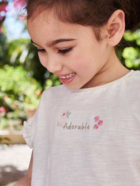 Top with 'Adorable' Embroidery & Smocked Short Sleeves ecru 