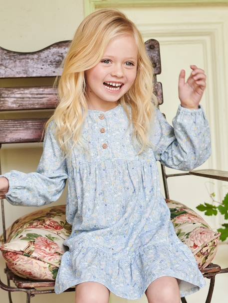 Floral, Ruffled Dress, Quilted Fancy Detail, for Girls sky blue 