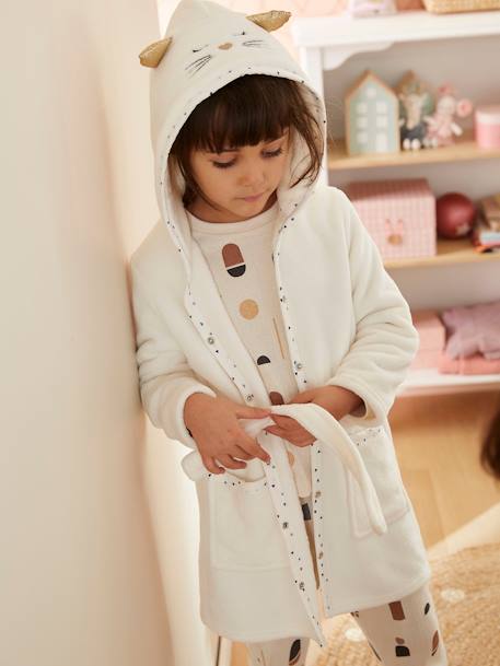 Cat Dressing Gown in Plush Fabric for Girls WHITE LIGHT SOLID WITH DESIGN 
