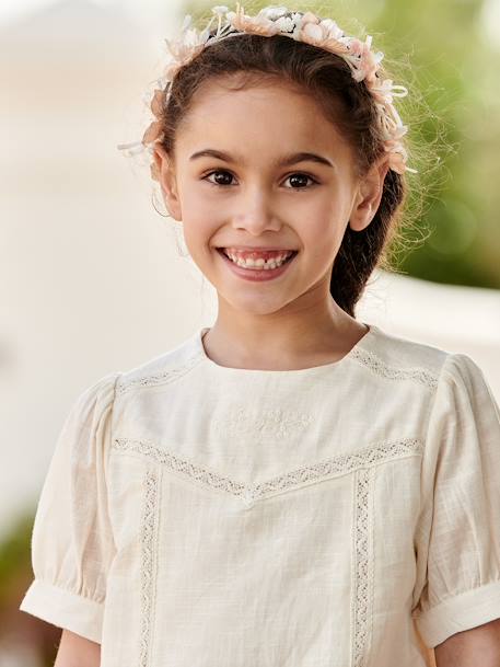 Linen-Effect Blouse with Lace, for Girls ecru 