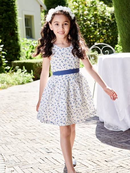 Occasionwear Floral Dress in Plumetis with Belt that Ties on the Back for Girls ecru 